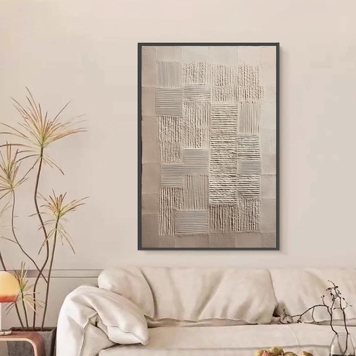 Beige Wabi-Sabi Cityscape Textured Acrylic Painting – Urban Grid