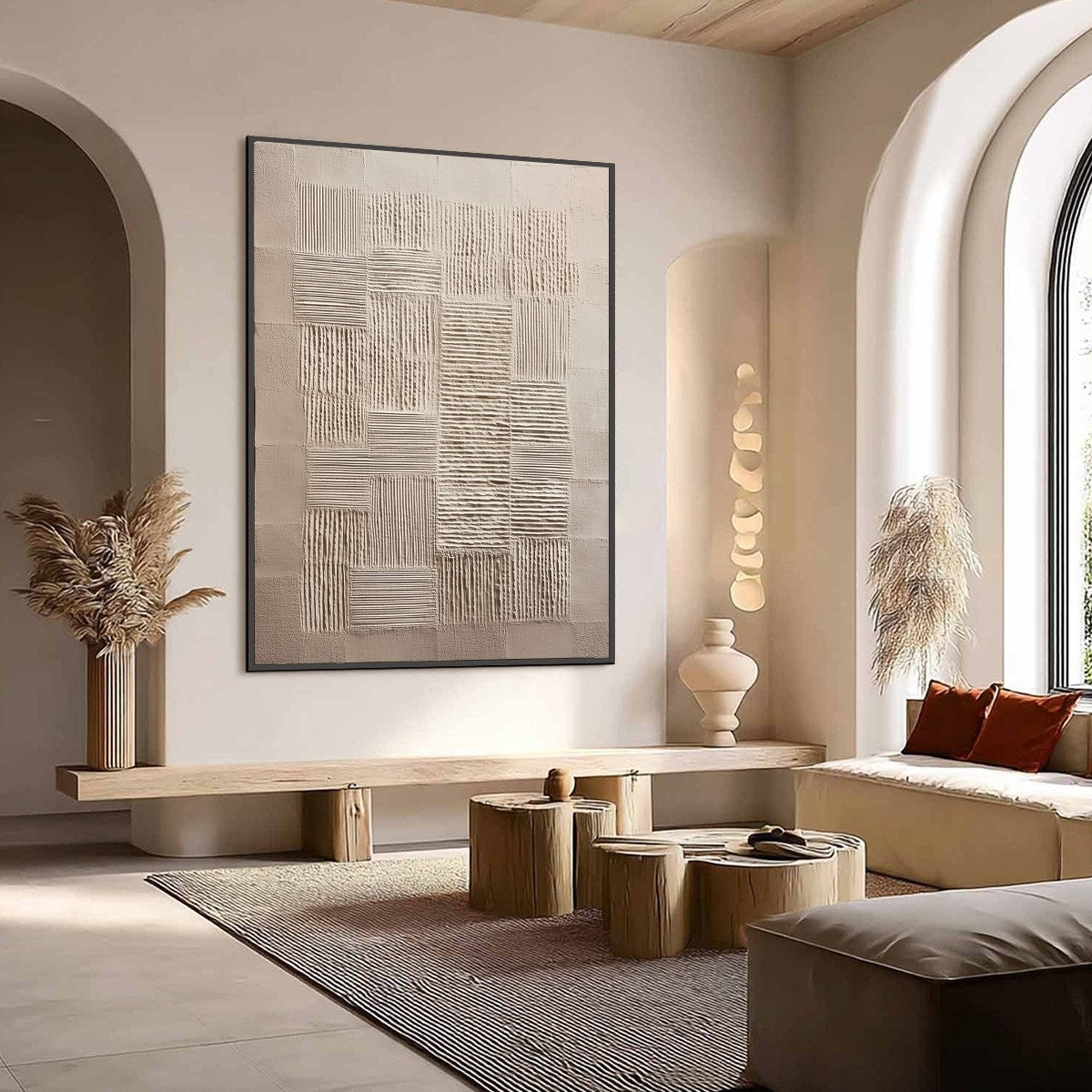 Beige Wabi-Sabi Cityscape Textured Acrylic Painting – Urban Grid