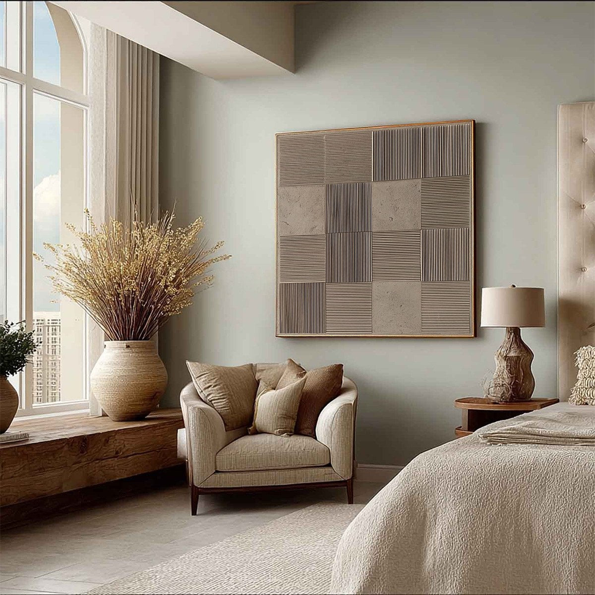 Wabi-Sabi Architecture Textured Oil Painting – Urban Grid