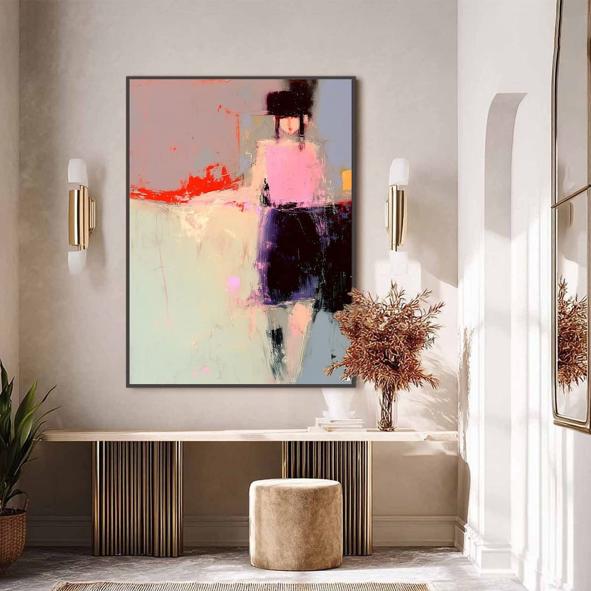 Pink and Red Abstract Figurative Oil Painting – Urban Muse