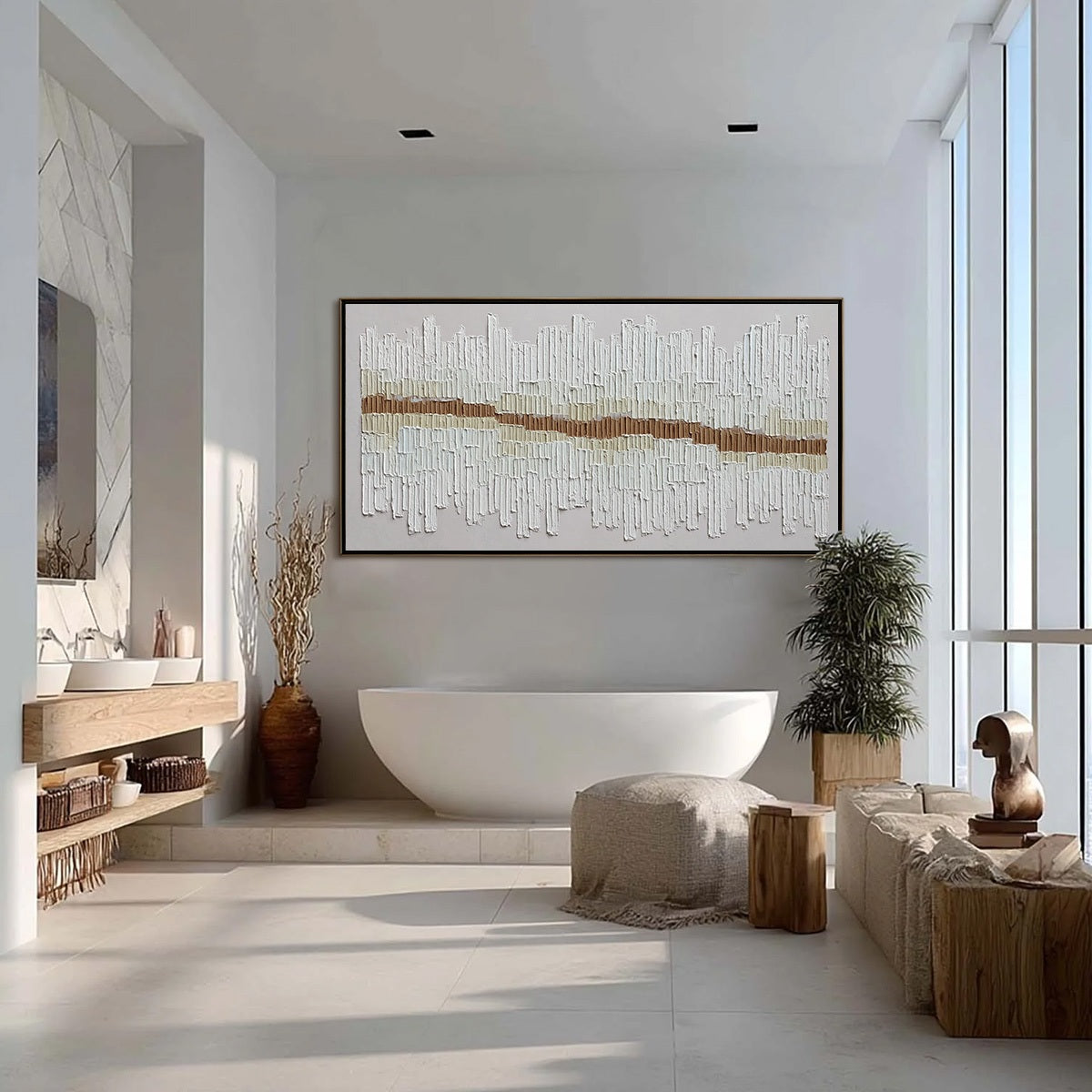 White and Beige Wabi-Sabi Cityscape Impasto Oil Painting – Urban Rhythm