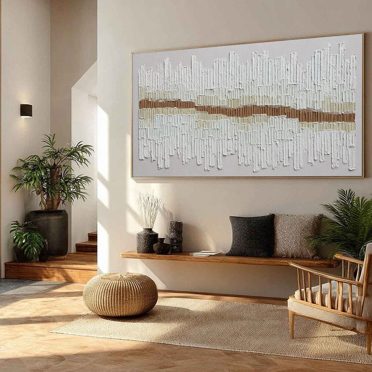 White and Beige Wabi-Sabi Cityscape Impasto Oil Painting – Urban Rhythm