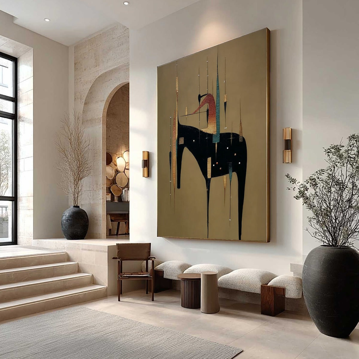 Teal and Gold Minimalist Cityscape Textured Oil Painting – Urban Sentinel