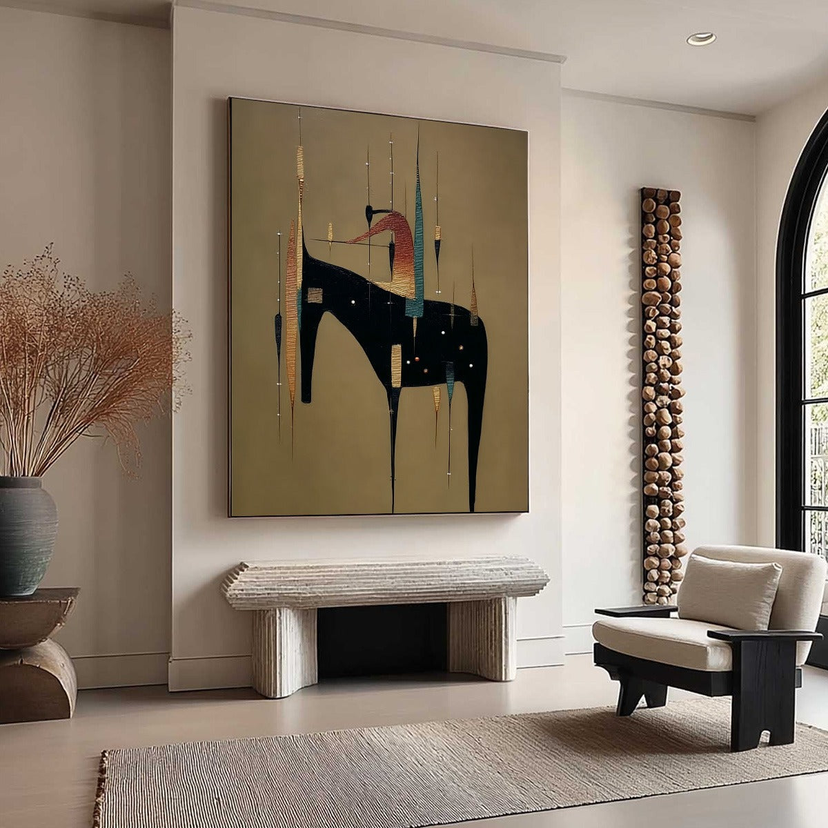 Teal and Gold Minimalist Cityscape Textured Oil Painting – Urban Sentinel
