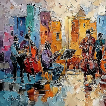 Urban Serenade – Figurative Palette Knife Oil Painting, view 3
