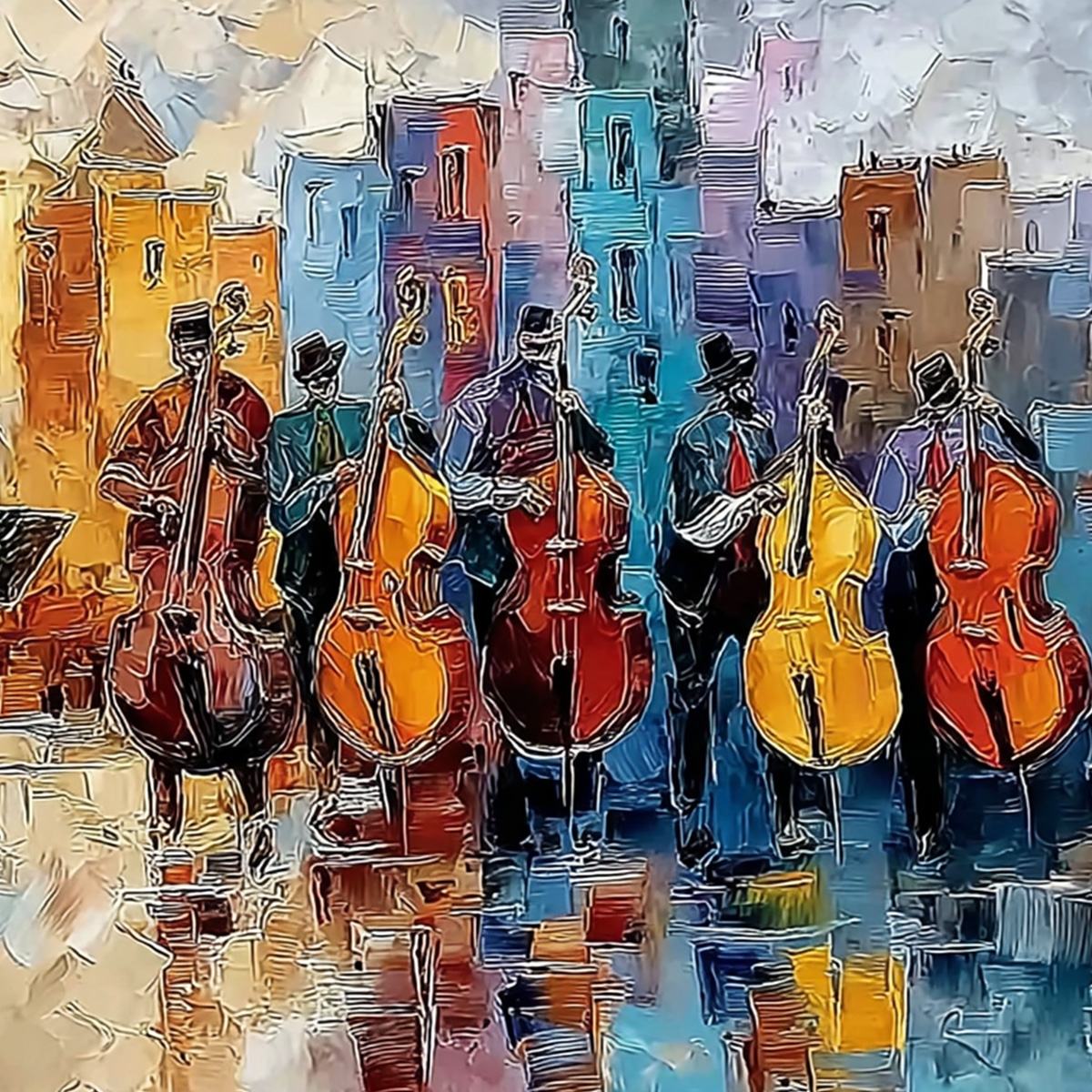 Urban Serenade – Figurative Palette Knife Oil Painting, view 5