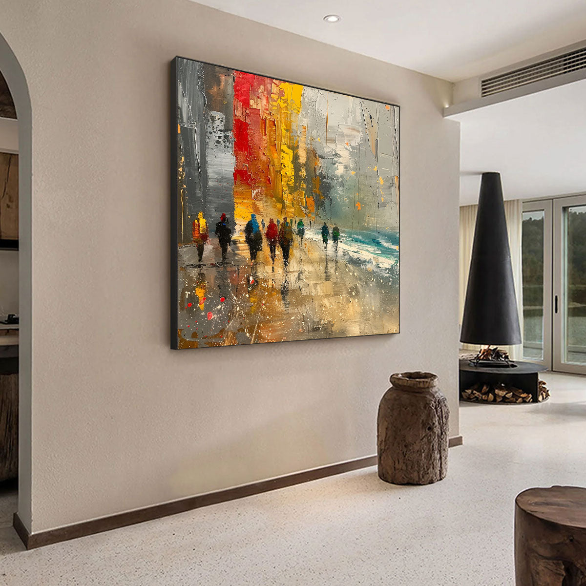 Yellow and Red Abstract Figurative Palette Knife Oil Painting – Urban Vibrance