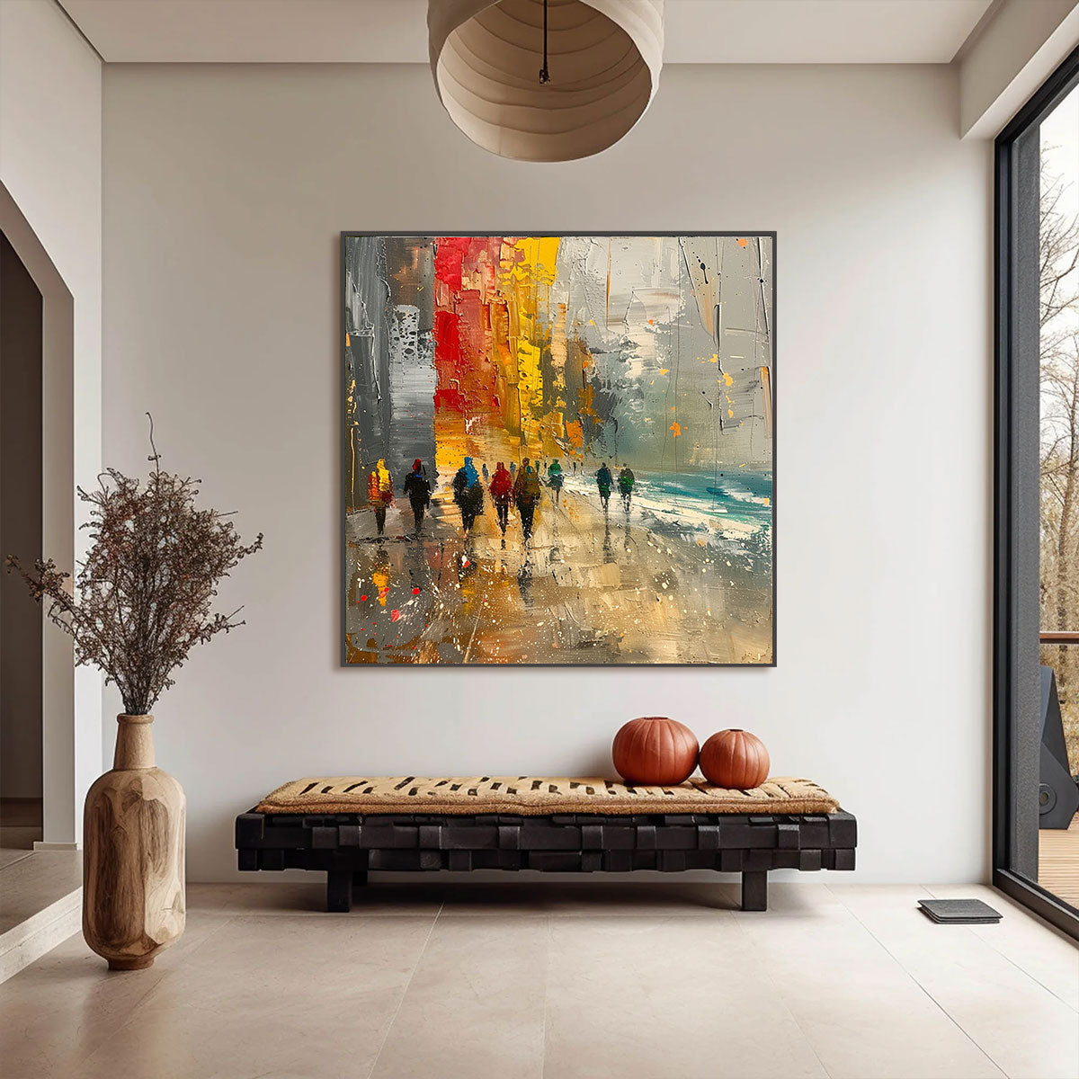 Yellow and Red Abstract Figurative Palette Knife Oil Painting – Urban Vibrance