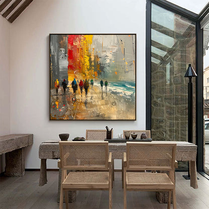 Yellow and Red Abstract Figurative Palette Knife Oil Painting – Urban Vibrance