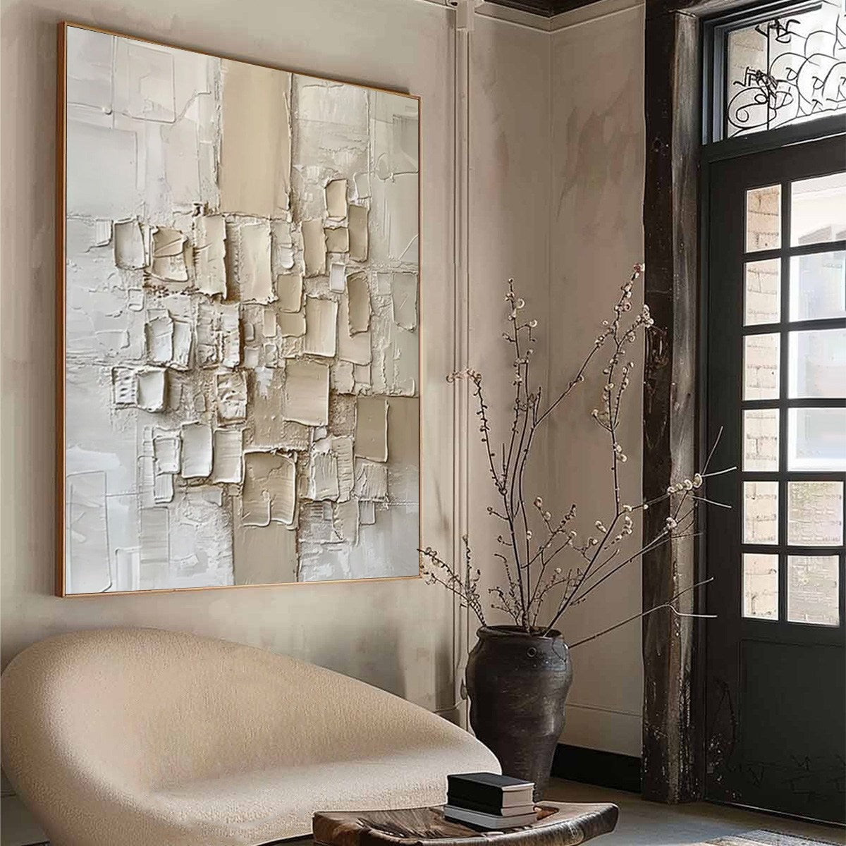 White and Cream Wabi-Sabi Architecture Impasto Oil Painting – Urban Mosaic