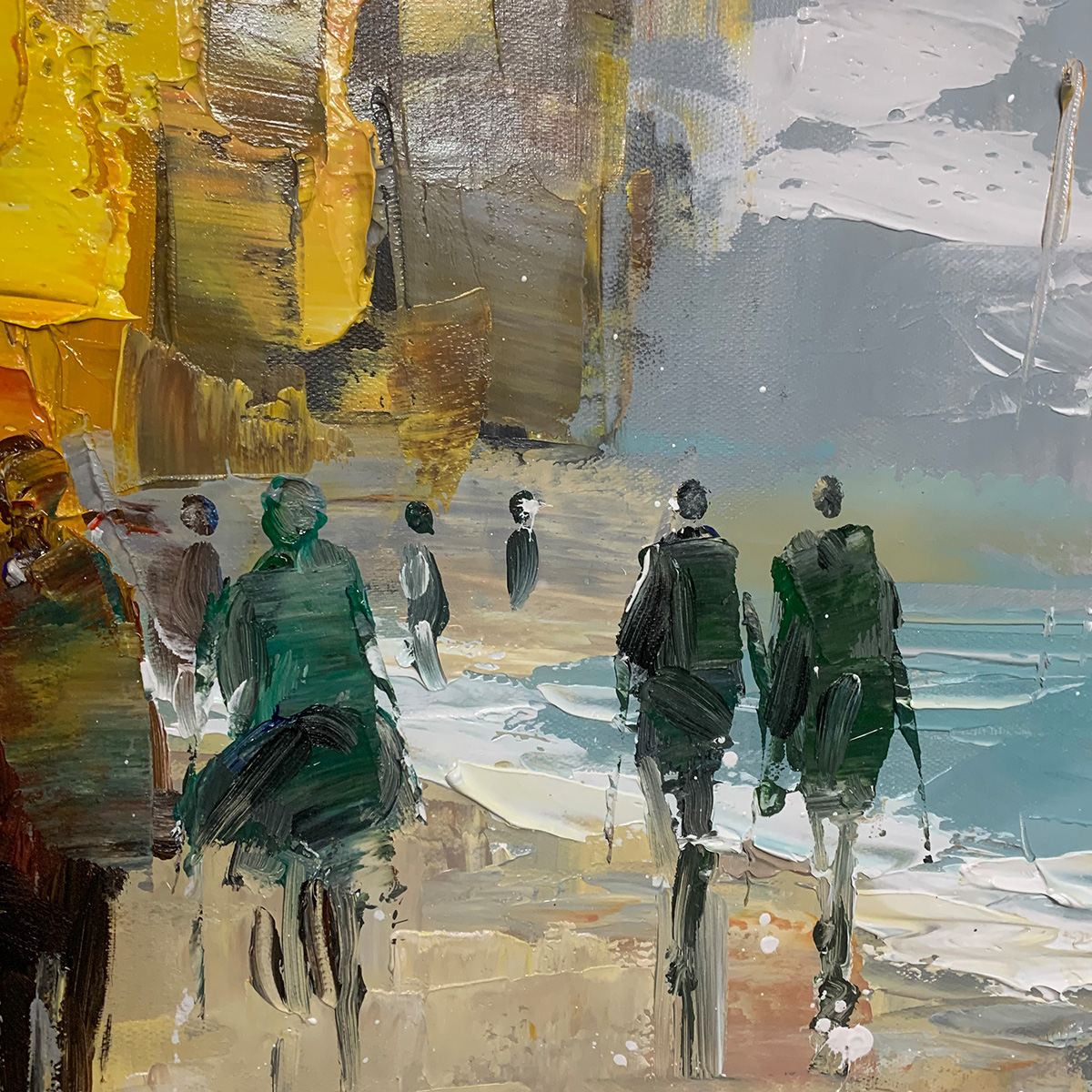 Yellow and Red Abstract Figurative Palette Knife Oil Painting – Urban Vibrance