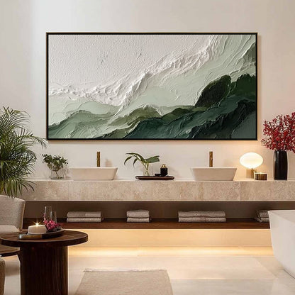 Verdant Ascent hand-painted white, emerald green and sage green textured coastal landscape painting shown with silver frame
