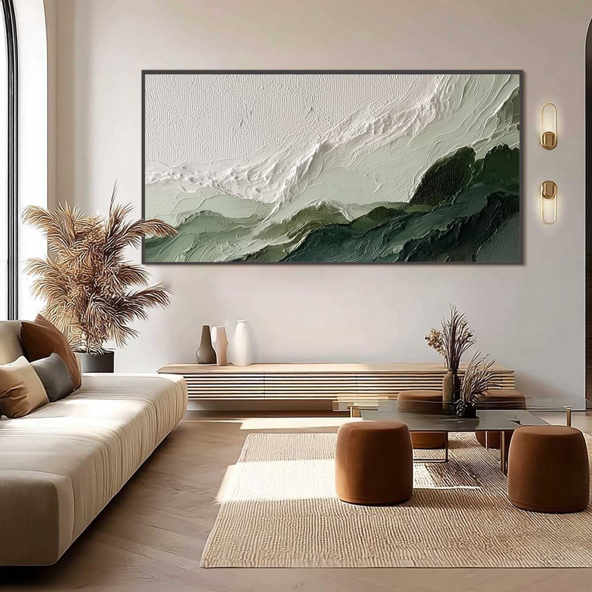 Verdant Ascent hand-painted white, emerald green and sage green textured coastal landscape painting shown with black frame