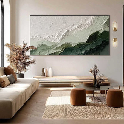 Verdant Ascent hand-painted white, emerald green and sage green textured coastal landscape painting shown with black frame