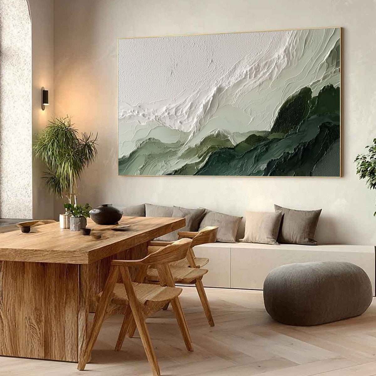 Verdant Ascent hand-painted white, emerald green and sage green textured coastal landscape painting shown with wood frame