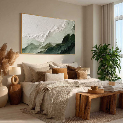 Verdant Ascent hand-painted white, emerald green and sage green textured coastal landscape painting rolled canvas option
