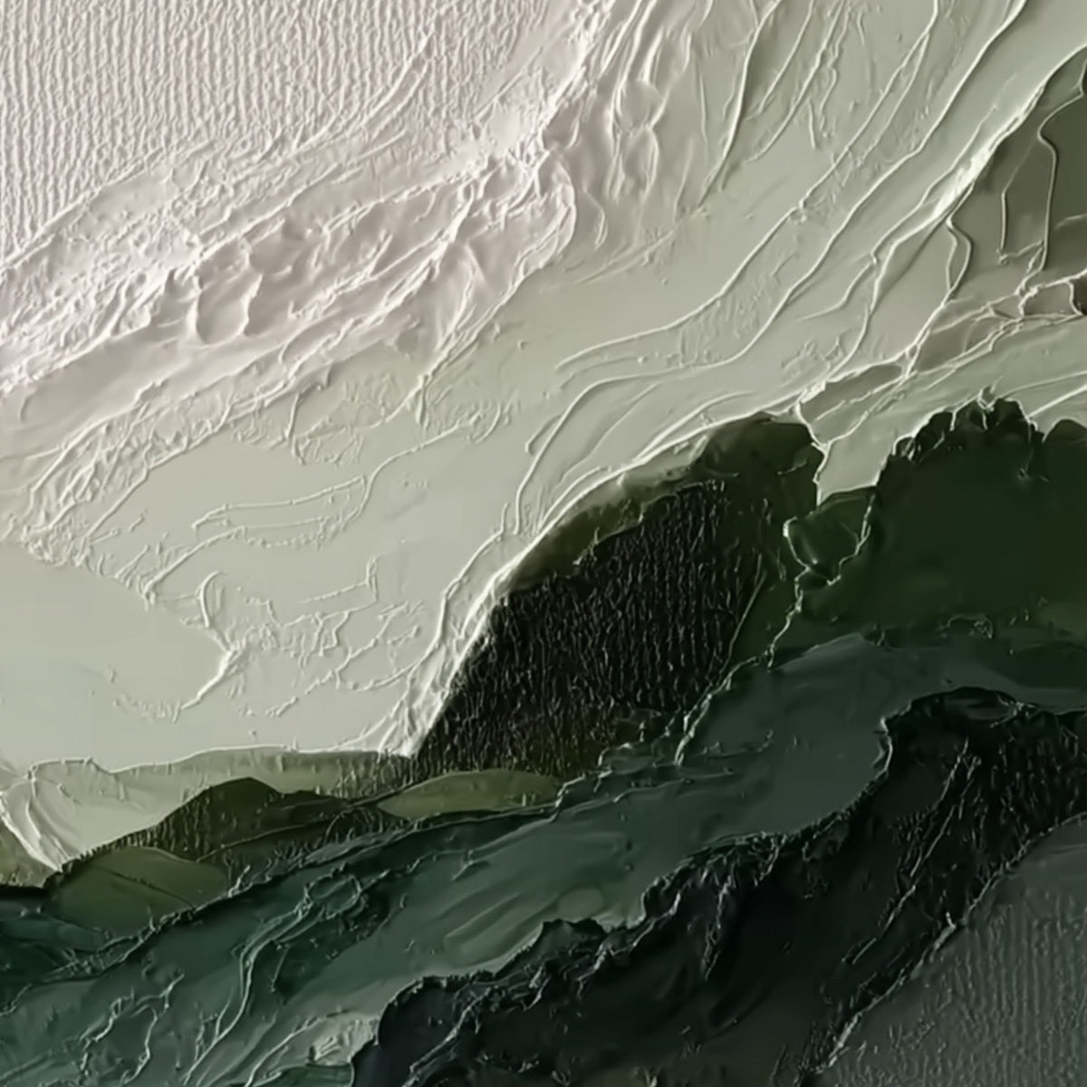 Verdant Ascent hand-painted white, emerald green and sage green textured coastal landscape painting shown with gold frame