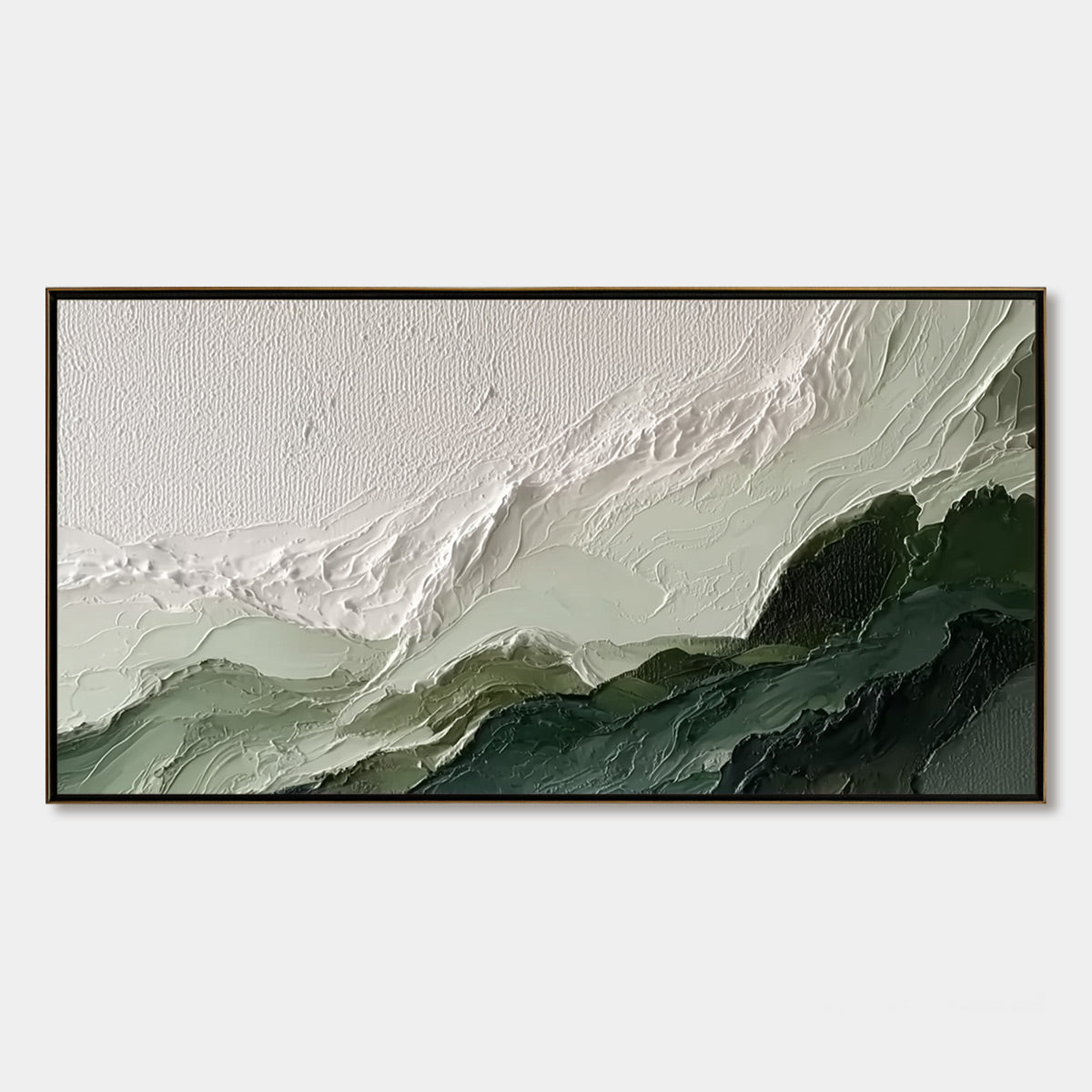 Verdant Ascent hand-painted white, emerald green and sage green textured coastal landscape painting rolled canvas option