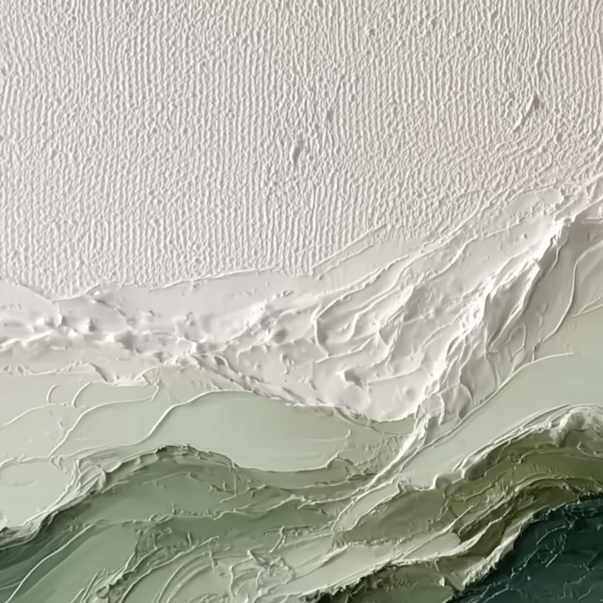 Verdant Ascent hand-painted white, emerald green and sage green textured coastal landscape painting shown with white frame