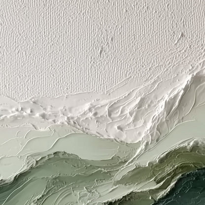 Verdant Ascent hand-painted white, emerald green and sage green textured coastal landscape painting shown with white frame
