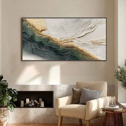Verdant Coast hand-painted emerald green and ivory textured coastal landscape painting shown as stretched canvas