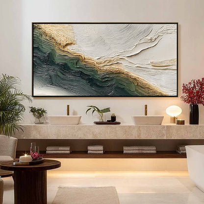 Verdant Coast hand-painted emerald green and ivory textured coastal landscape painting shown with silver frame