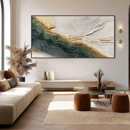 Verdant Coast hand-painted emerald green and ivory textured coastal landscape painting shown with black frame