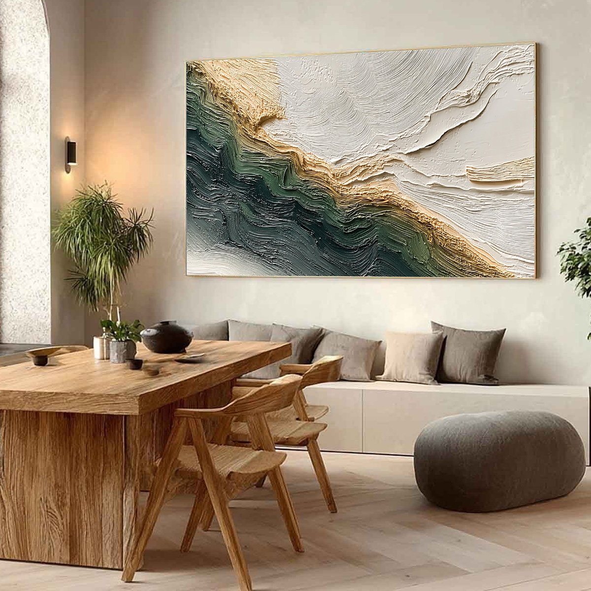 Verdant Coast hand-painted emerald green and ivory textured coastal landscape painting shown with wood frame