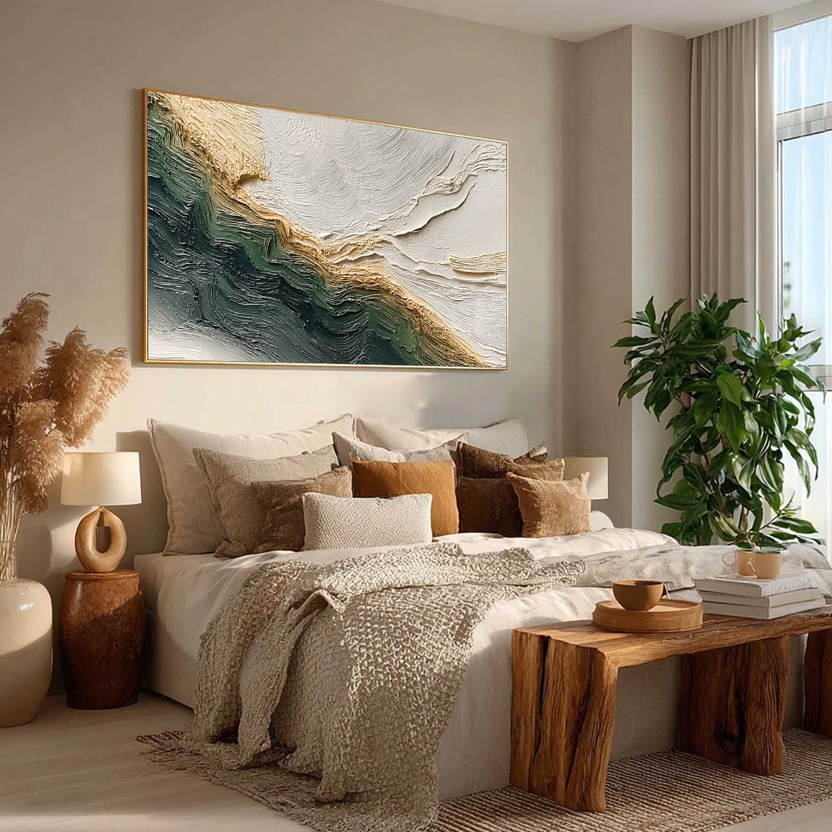 Verdant Coast hand-painted emerald green and ivory textured coastal landscape painting rolled canvas option