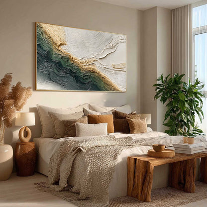 Verdant Coast hand-painted emerald green and ivory textured coastal landscape painting rolled canvas option