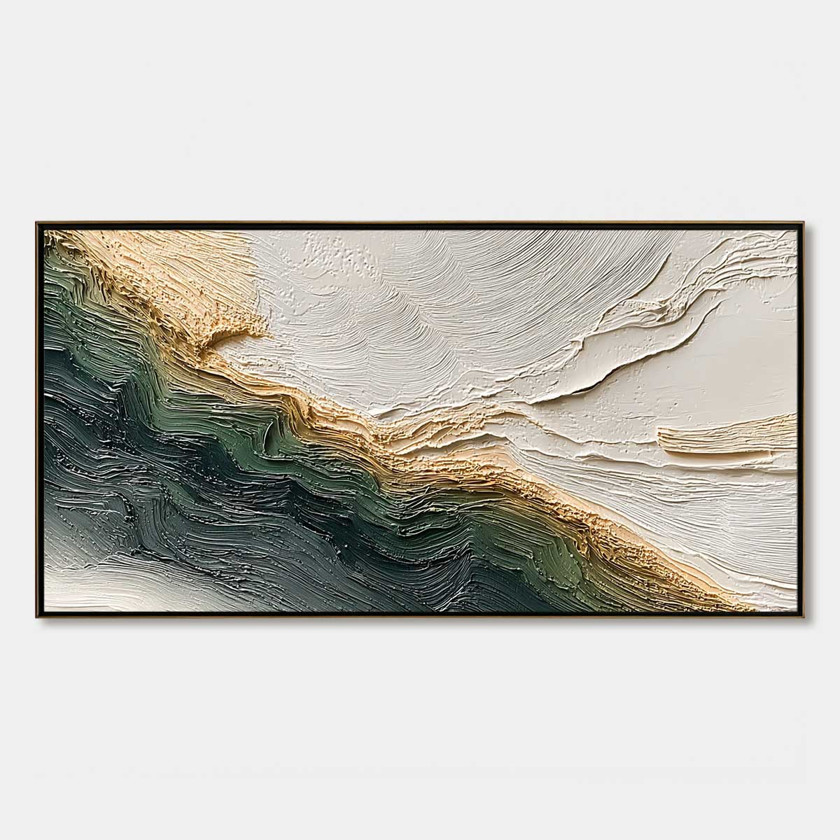 Verdant Coast hand-painted emerald green and ivory textured coastal landscape painting rolled canvas option