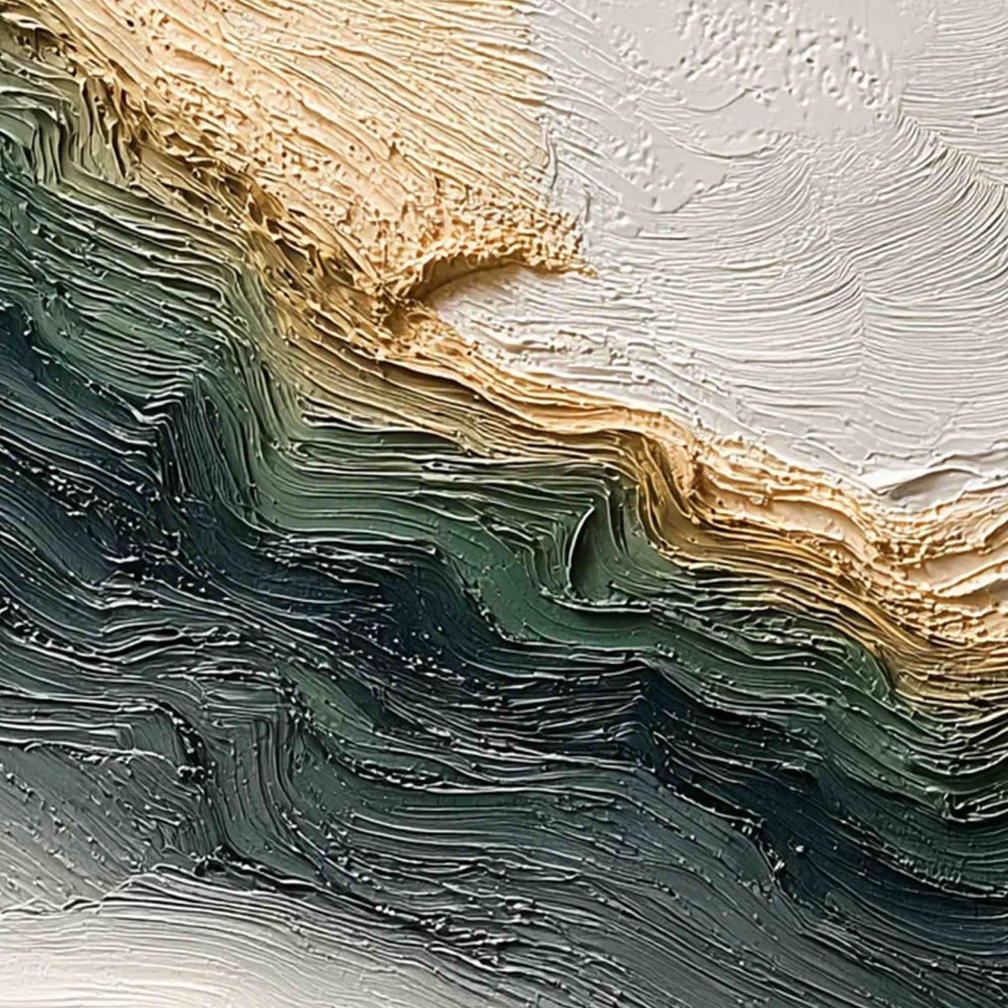 Verdant Coast hand-painted emerald green and ivory textured coastal landscape painting shown with gold frame