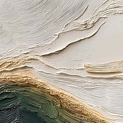 Verdant Coast hand-painted emerald green and ivory textured coastal landscape painting shown with white frame
