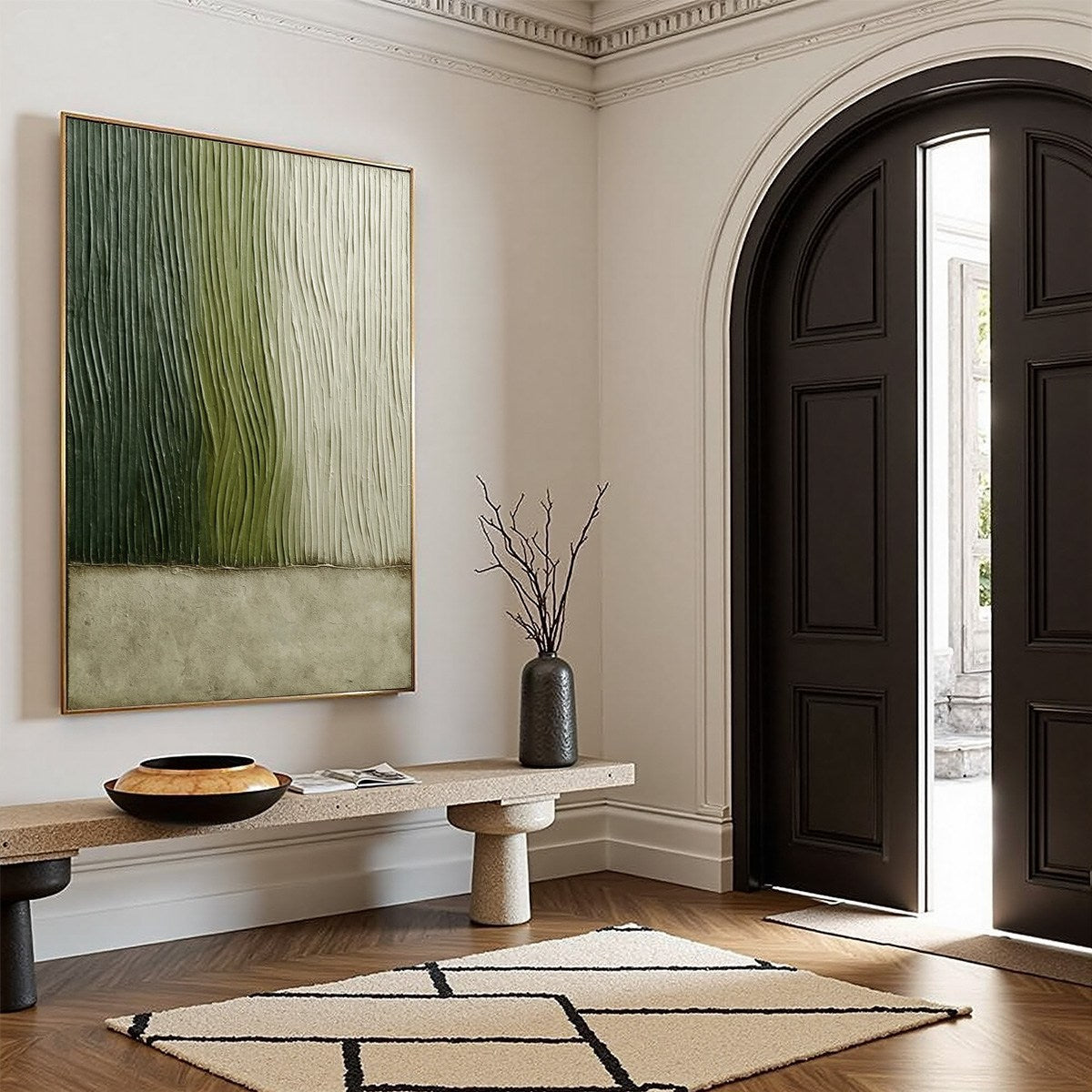 Green Wabi-Sabi Field Textured Oil Painting – Verdant Groove