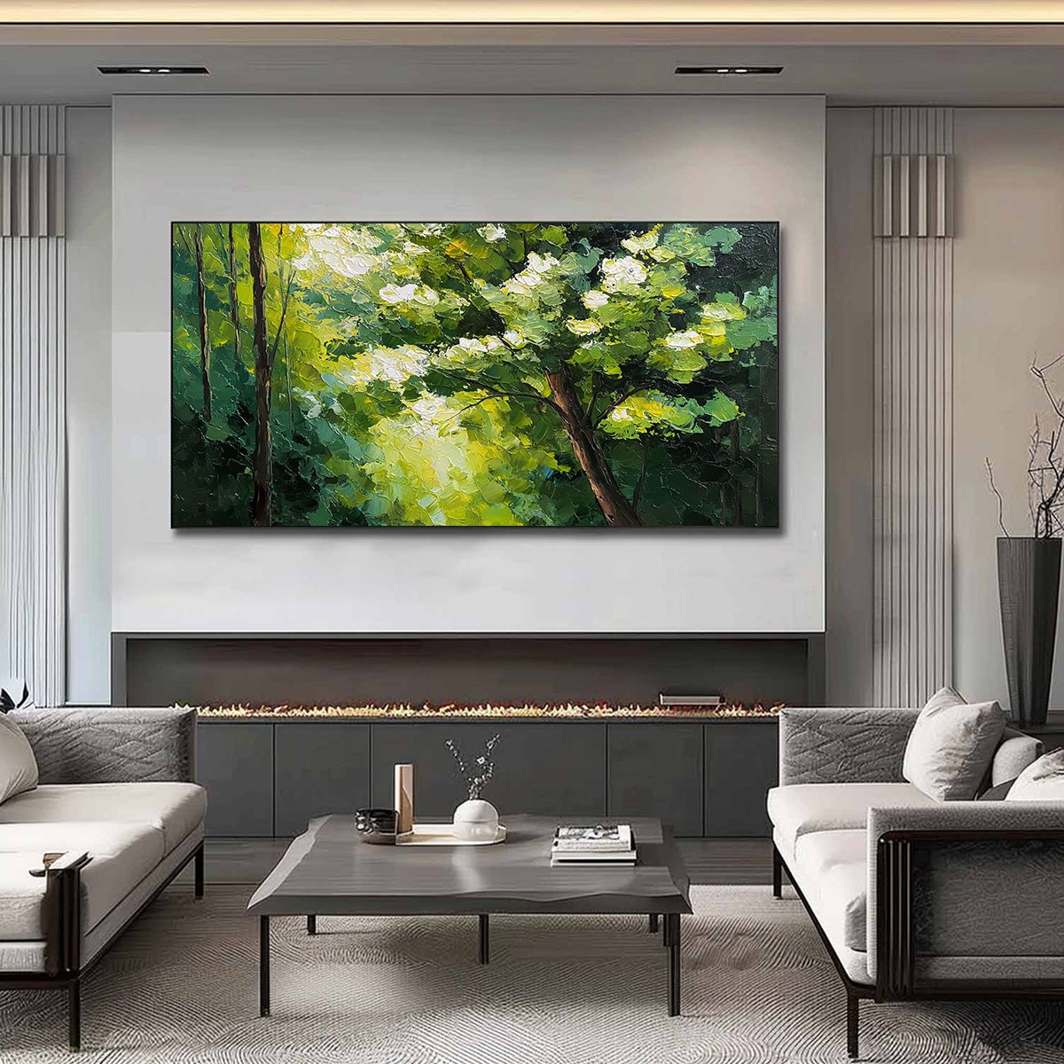 Verdant Light hand-painted crimson, golden yellow, turquoise and violet textured forest landscape painting shown as stretched canvas
