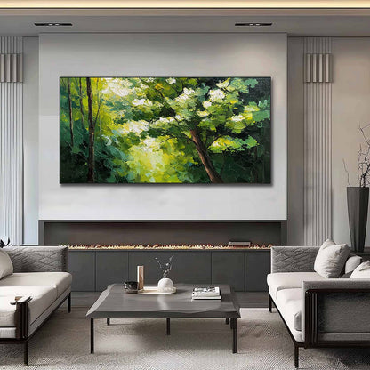 Verdant Light hand-painted crimson, golden yellow, turquoise and violet textured forest landscape painting shown as stretched canvas