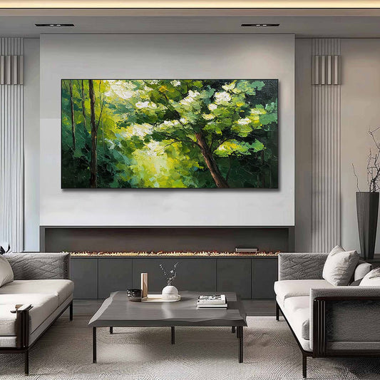 Verdant Light hand-painted crimson, golden yellow, turquoise and violet textured forest landscape painting shown as stretched canvas