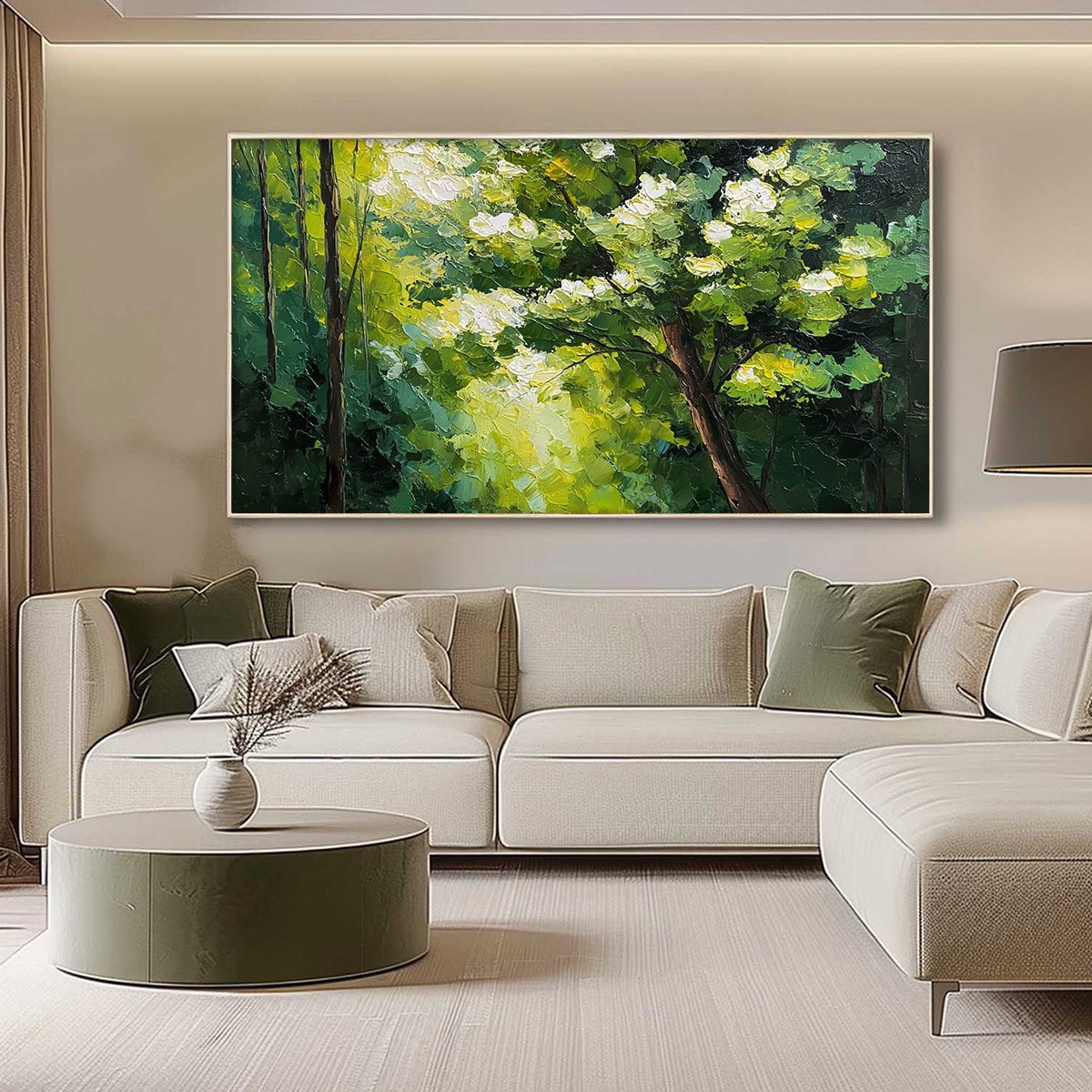 Verdant Light hand-painted crimson, golden yellow, turquoise and violet textured forest landscape painting shown with silver frame