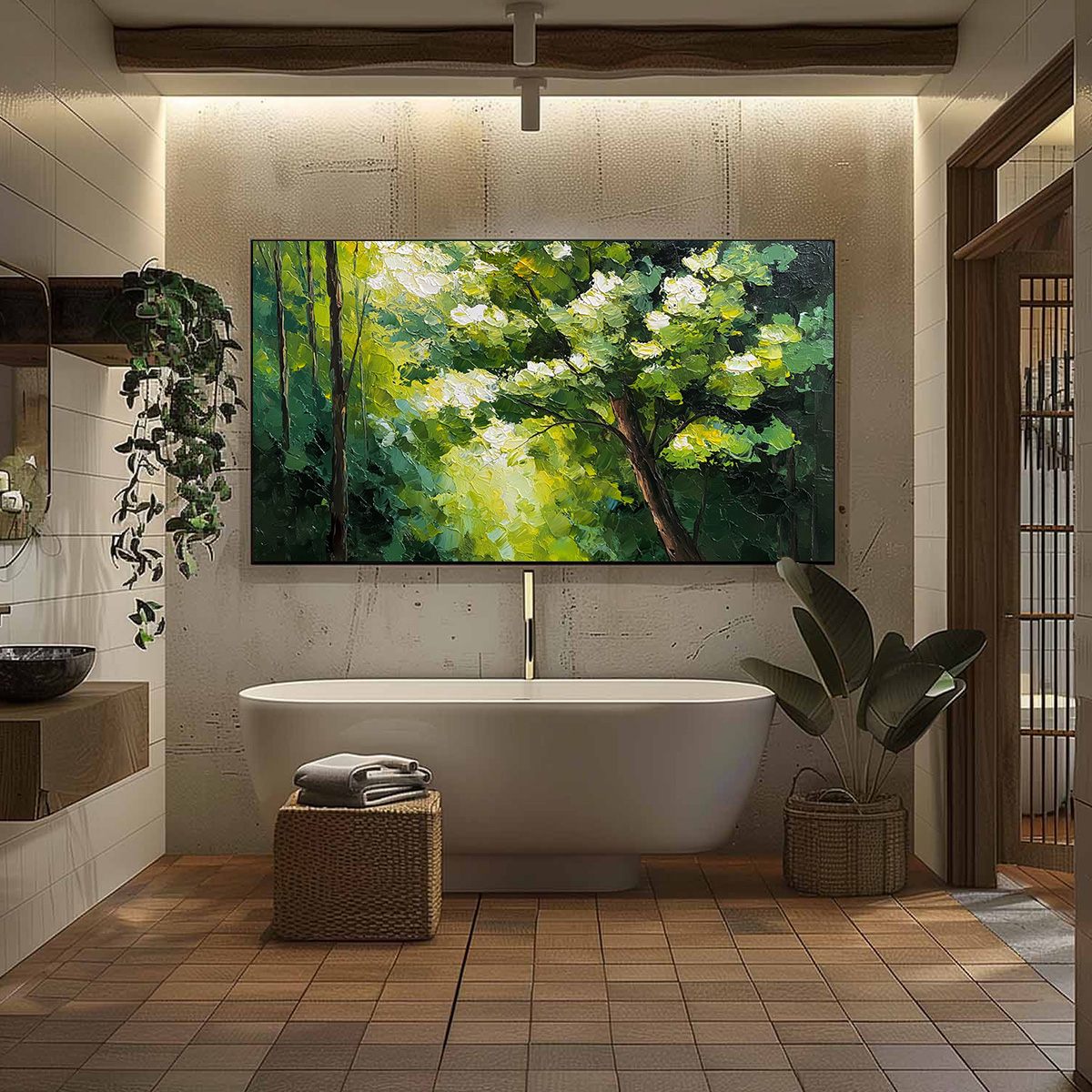 Verdant Light hand-painted crimson, golden yellow, turquoise and violet textured forest landscape painting shown with black frame