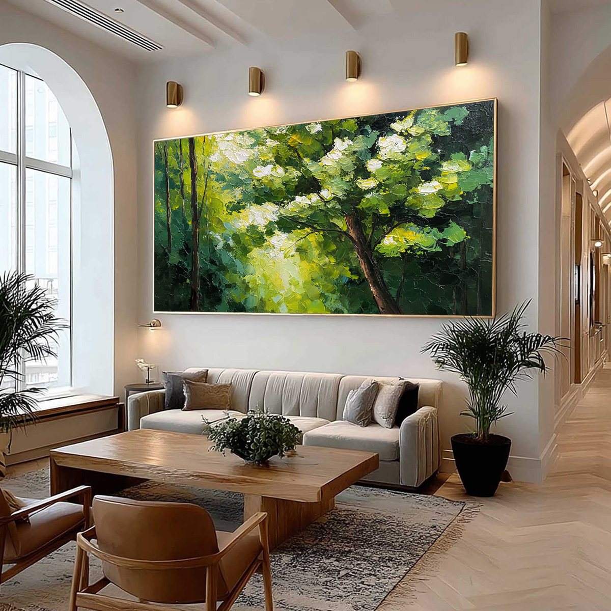 Verdant Light hand-painted crimson, golden yellow, turquoise and violet textured forest landscape painting shown with wood frame