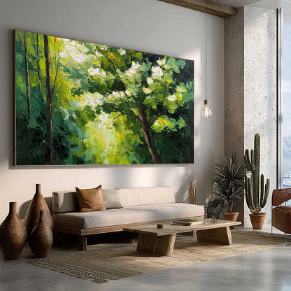 Verdant Light hand-painted crimson, golden yellow, turquoise and violet textured forest landscape painting rolled canvas option
