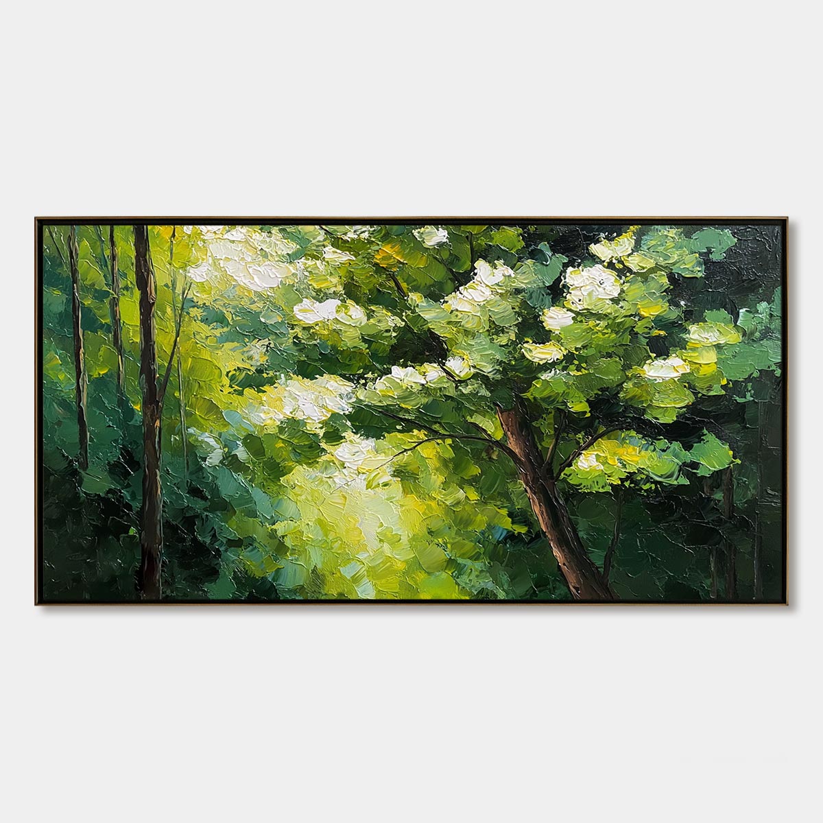 Verdant Light hand-painted crimson, golden yellow, turquoise and violet textured forest landscape painting rolled canvas option