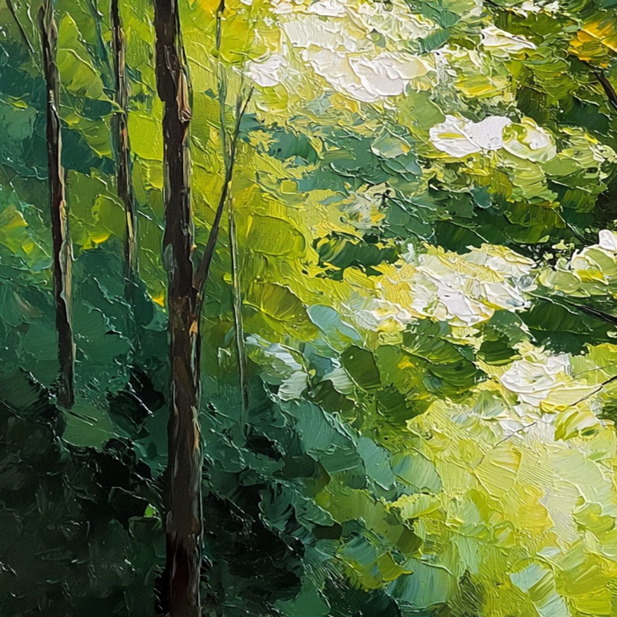 Verdant Light hand-painted crimson, golden yellow, turquoise and violet textured forest landscape painting shown with gold frame