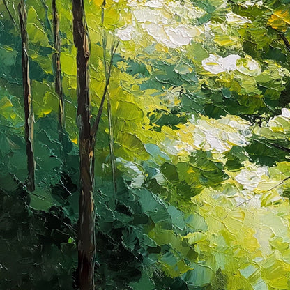Verdant Light hand-painted crimson, golden yellow, turquoise and violet textured forest landscape painting shown with gold frame