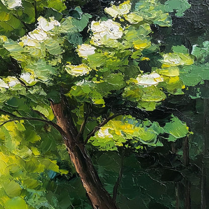 Verdant Light hand-painted crimson, golden yellow, turquoise and violet textured forest landscape painting shown with white frame