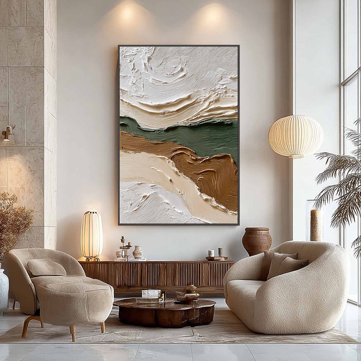 Verdant Ridge hand-painted olive green and ivory textured coastal landscape painting shown as stretched canvas