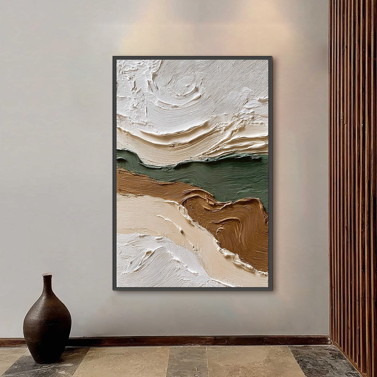 Verdant Ridge hand-painted olive green and ivory textured coastal landscape painting shown with black frame