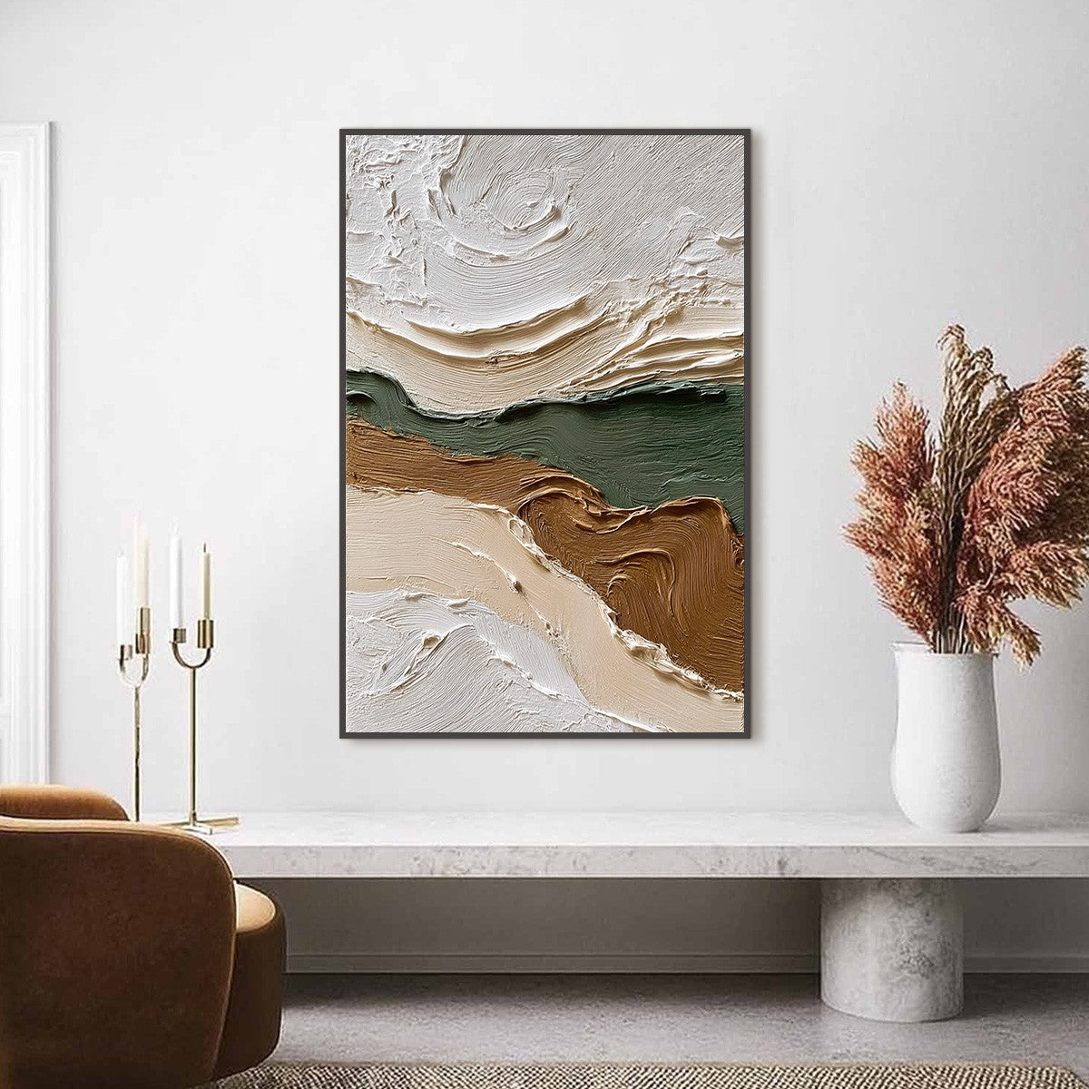 Verdant Ridge hand-painted olive green and ivory textured coastal landscape painting shown with silver frame