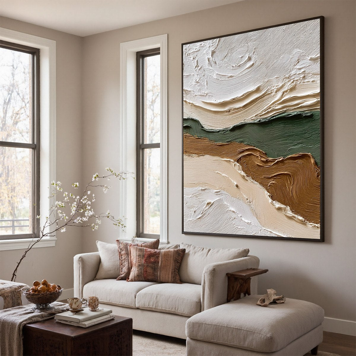 Verdant Ridge hand-painted olive green and ivory textured coastal landscape painting shown with wood frame