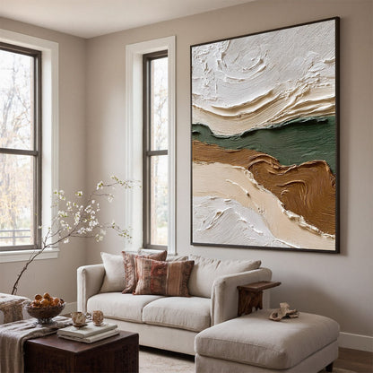 Verdant Ridge hand-painted olive green and ivory textured coastal landscape painting shown with wood frame